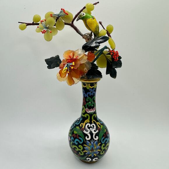 Unbranded Other - Vintage Chinese cloisonné enamel vase guilloche bird semiprecious flowers tree